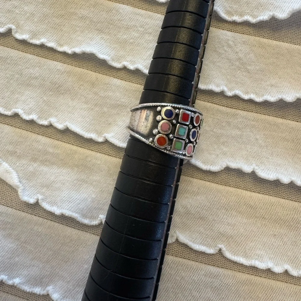 Vintage Enameled MultiColor Sterling Silver Wide Band Ring 925 Sz 6 Tribal Inlay